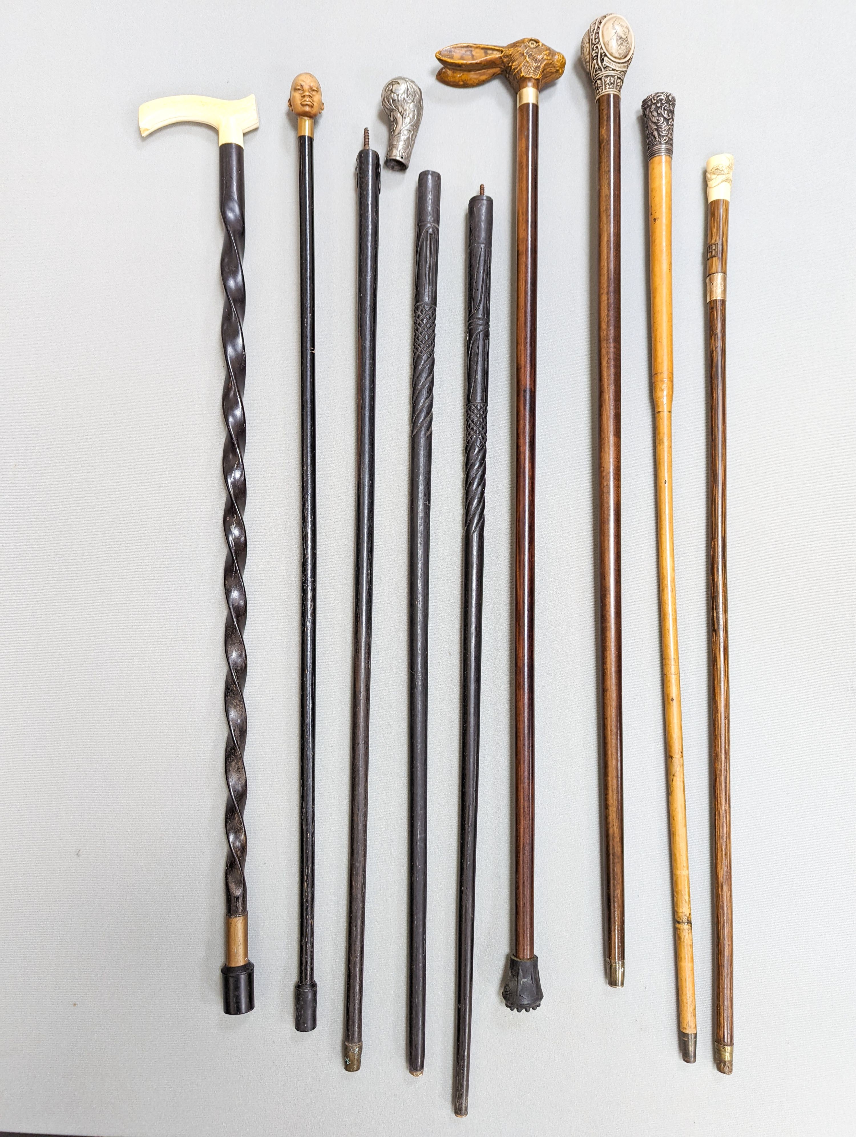 A gold mounted ivory handled walking cane carved with a coiled snake, a silver mounted Mallacca cane, an ivory handled ebonised stick and six others. (9)